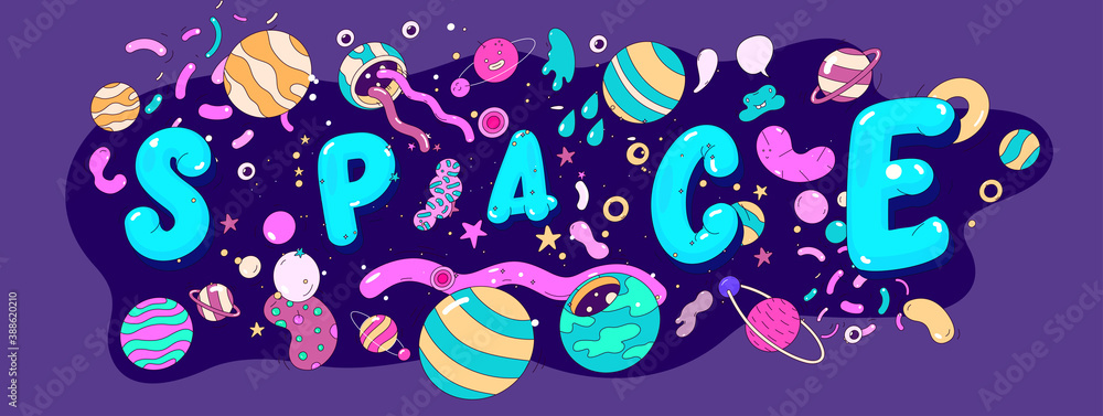 Wall mural big set of space objects and elements, painted cartoon style, illustration with outline. vector illu