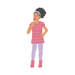 Teen girl in modern clothing licking lollipop, flat vector illustration isolated.