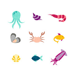 Vector illustration of sea animals for seafood restaurant or café banner, poster, clothes, logo, advertisement design. Pattern for template, signage, billboard, printing, booklet, package, menu design