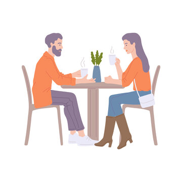 Couple having date in coffeeshop or cafe, flat vector illustration isolated.