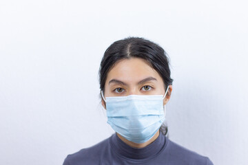 Asian woman wearing facial mask for protection from virus epidemic on white background