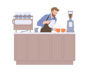 Barista hipster man behind counter bar flat vector illustration isolated.