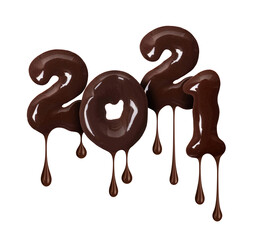 Number 2021 is made of melted chocolate isolated on white background