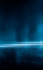 Dark street, wet asphalt, reflections of rays in the water. Abstract dark blue background, smoke, smog. Empty dark scene, neon light, spotlights. Concrete floor