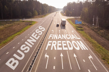 Transport is moving along the road, the text of Business and FINANCIAL FREEDOM