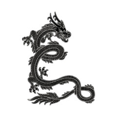 Black and white asian or chinese dragon cartoon vector illustration isolated.