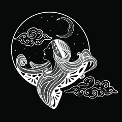 vector illustration, crystals and solar system, phases of the moon. Patterns of the sky in the style of vintage engravings. Astronomy and astrology. Magical and mystical signs. Zodiac signs