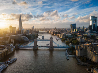 Aerial view of the skyline of London, United Kingdom, with Tower Bridge and the modern skyscrapers of the City