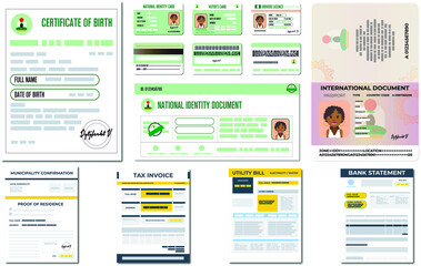 Fototapeta na wymiar set of business documents passport card license pack tax invoice 
