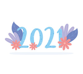 2021 happy new year, dotted numbers decorative flowers leaves
