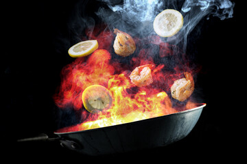 Tossing Cooking Lemon Shrimp - obrazy, fototapety, plakaty