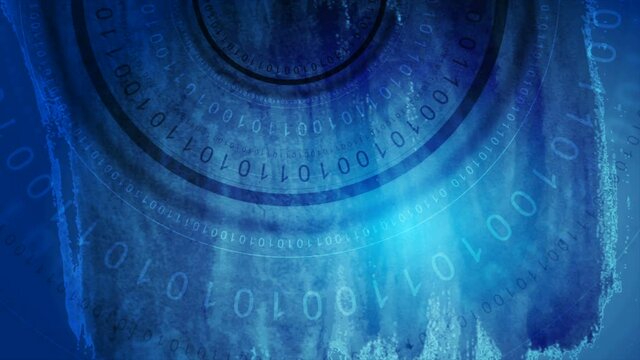 Dark blue round binary code on grunge watercolor background motion design. Seamless looping. Video animation Ultra HD 4K 3840x2160