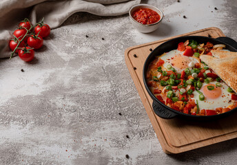 Frame of extremely tasty breakfast. Fried eggs with vegetables and toasts. Rustic background, space...