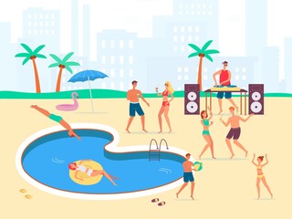 Summer pool party with people dancing to the music, flat vector illustration.