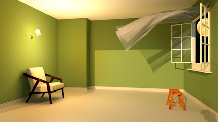A room with an open window and a fluttering curtain. 3d rendering