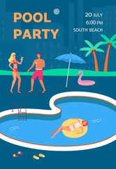 Invitation poster or flyer for summer pool party flat vector illustration.