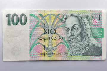 100 Czech crowns banknote closeup with Karl IV portrait