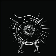 vector illustration, crystals and solar system, phases of the moon. Patterns of the sky in the style of vintage engravings. Astronomy and astrology. Magical and mystical signs. Zodiac signs