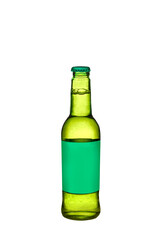 Beer glass bottle lemon - green color with green label isolated over white.