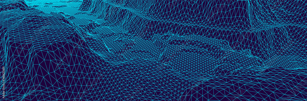 Poster 3d wireframe landscape. triangulated computer terrain. dark wide topographic background. blue thin l