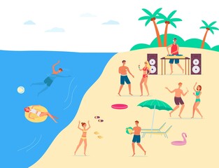 Fototapeta na wymiar Summer beach music and dance party fun on seashore, flat vector illustration.