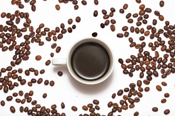 Coffee and coffee beans on white background.