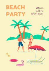 Summer beach party poster with people dancing flat vector illustration.