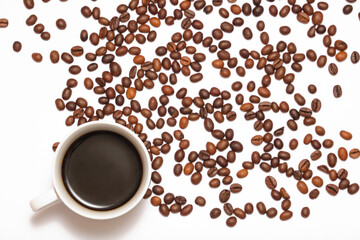 Coffee and coffee beans on white background.