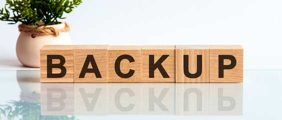Backup motivation text on wooden blocks business concept white background. Front view concepts, flower in the background.