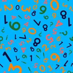 Seamless pattern with multicolored numbers, question mark and exclamation mark on blue background. Education concept. Vector flat illustration.
