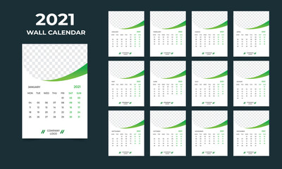 2021 wall calendar design. Set of 12 months. Week starts Monday.Ready for print.
