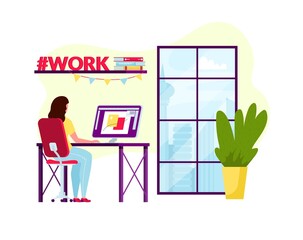 Work at home concept design. Freelance woman working on laptop at her house or office. Vector illustration isolated on white background. Online study, education, business manager work.