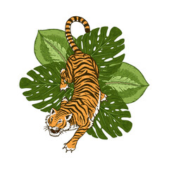 Japanese tigers with tropical leaves. Wild animal with green plants. Banner or poster for advertising or web.