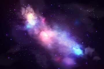 Fototapeta na wymiar Night starry sky, purple nebula and Milky Way. Vector illustration of realistic space background. Colorful wallpaper of galaxy with stardust