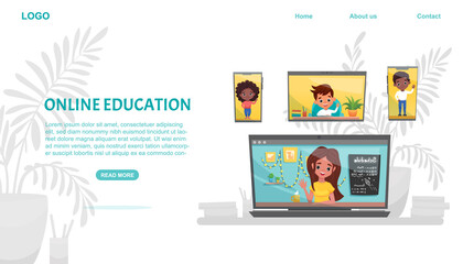E-learning concept banner. Online education. Classmates using laptop and smartphones. Study at home with hand-drawn elements. Web courses or tutorials for learning. Vector flat cartoon illustration