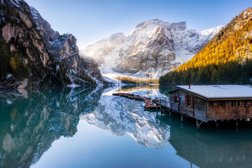 Beayutiful autumn morning on Lake Braies