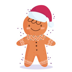 merry christmas, cute gingerbread man with santa hat cartoon