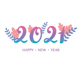 2021 happy new year, gradient numbers with foliage decoration card