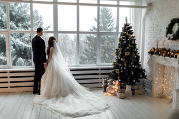 Young couple in love bride and groom posing in studio on background decorated with Christmas tree...