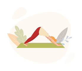 Pregnant woman practicing yoga on mat, flat vector illustration isolated.