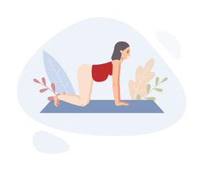 Pregnant woman doing yoga workout, flat vector illustration isolated on white.