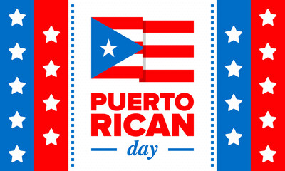 Puerto Rican Day. National happy holiday. Festival and parade in honor of independence and freedom. Puerto Rico flag. Latin american country. Patriotic elements. Vector poster illustration