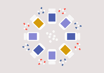 A kaleidoscope abstract pattern made of pills and capsules, antidepressants treatment, coronavirus remedy