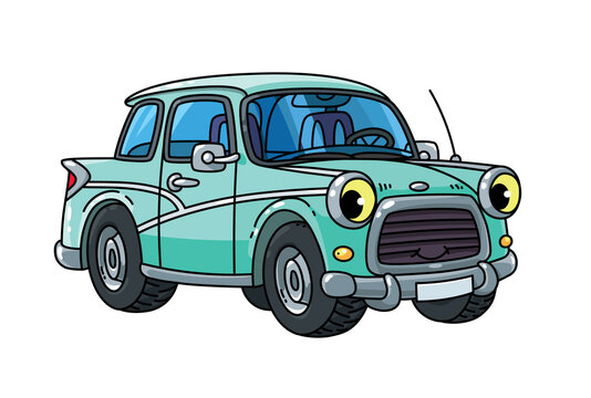 Funny small retro car with eyes. Vector