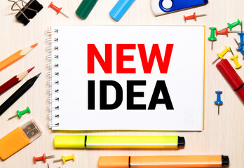 New Idea word on pages sketch book on wood table vertical