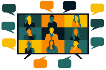 Video call conference, screen and speech bubbles. Stream friends. Chatting from home. Talking about the news and global events. Vector flat illustration.
