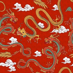 Chinese style seamless pattern with dragons cartoon vector illustration on red.