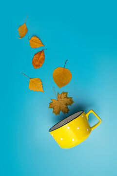 Creative layout made of coffee or tea yellow with dots cup with yellow fall leaves on blue background, flat lay