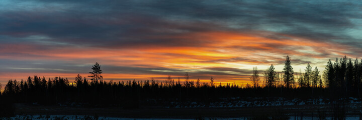 Panorama on spectacular extremely red orange colored sunrise over the Scandinavian pine tree forest, totally calm weather, forest silhouette on horizon line, frosty winter morning. Northern Sweden