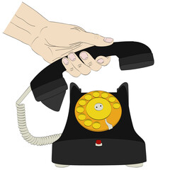 Isolated silhouette of hand holding handset of old telephone